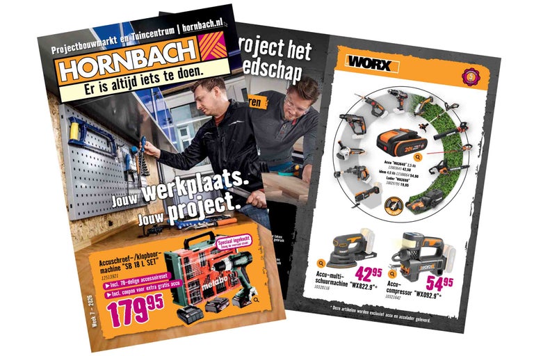 Meerdere Hornbach reclamefolders met gereedschap en tuingereedschap.