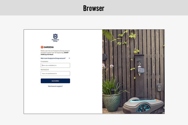 Gardena Smart Home aanmeldscherm met robotmaaier in de tuin
