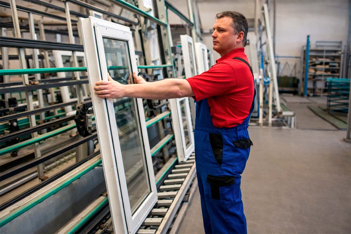 Medewerker die een wit kunststof raam in een productie-installatie hanteert