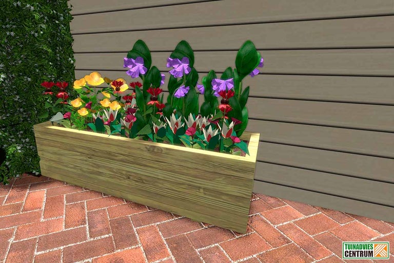 Houten bloembak met diverse bloemensoorten in de tuin