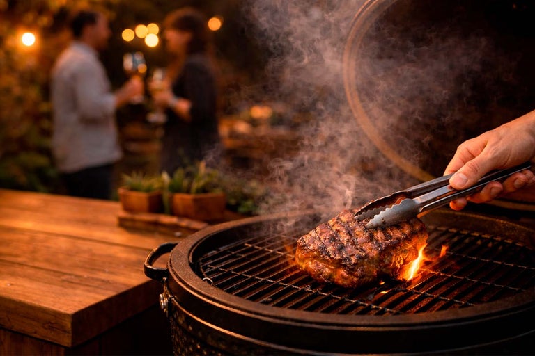 Barbecue met steak en grilltang tijdens tuinfeest