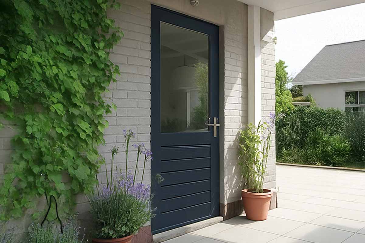 Moderne achterdeur in donkerblauw met glas en horizontale lamellen, geplaatst in een lichtgekleurde bakstenen muur met planten.