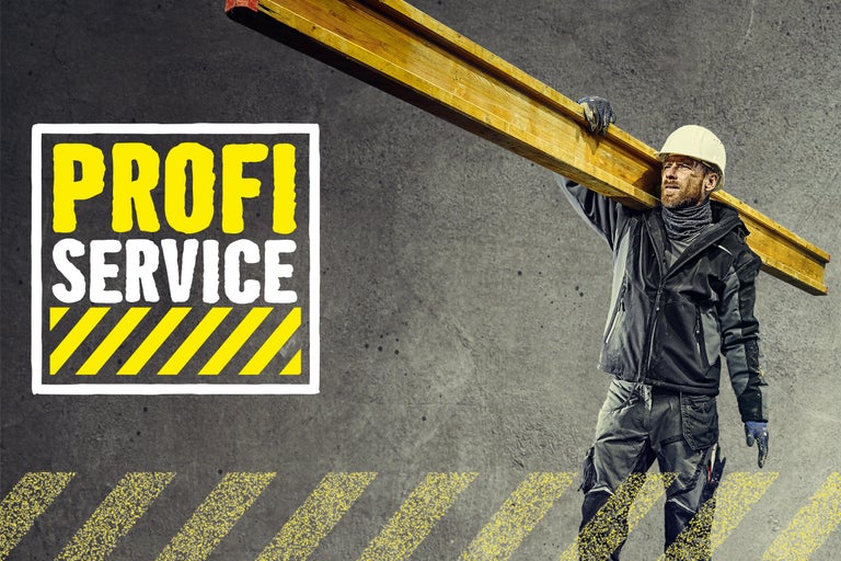 Ambachtsman met hout en Profi Service belettering