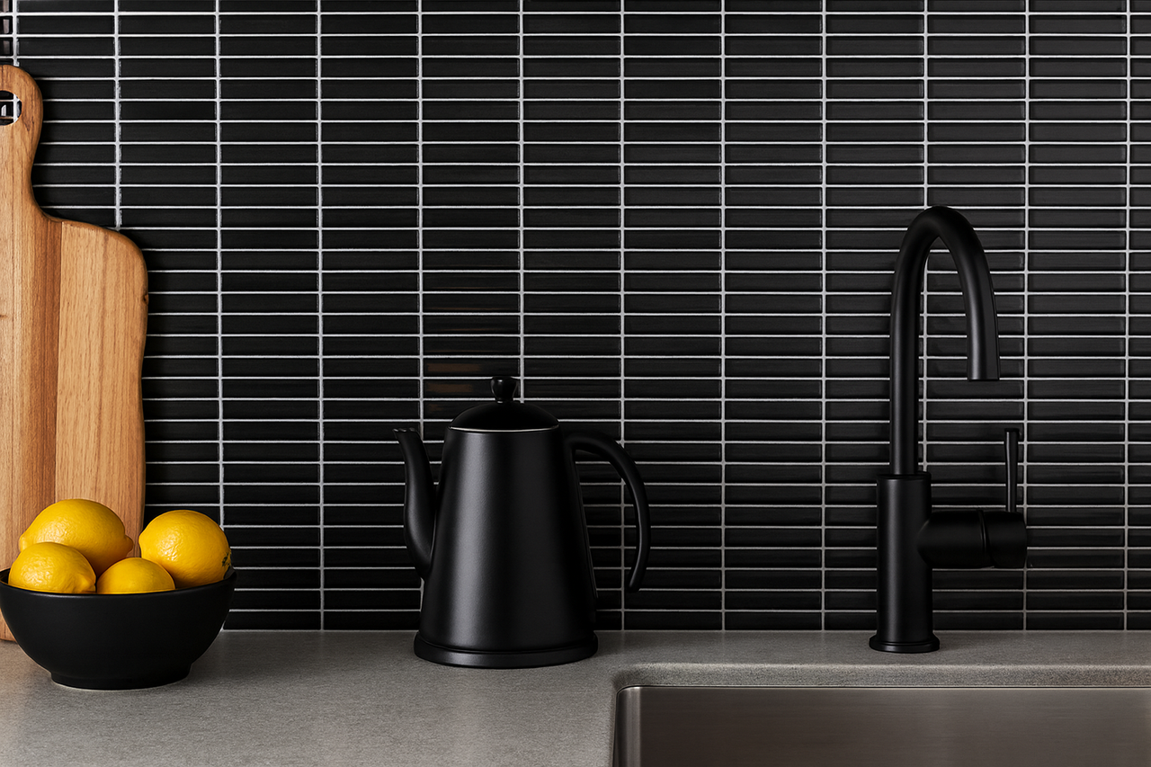 Keukenscène met zwarte tegels, kraan, theepot, snijplank en citroenen
