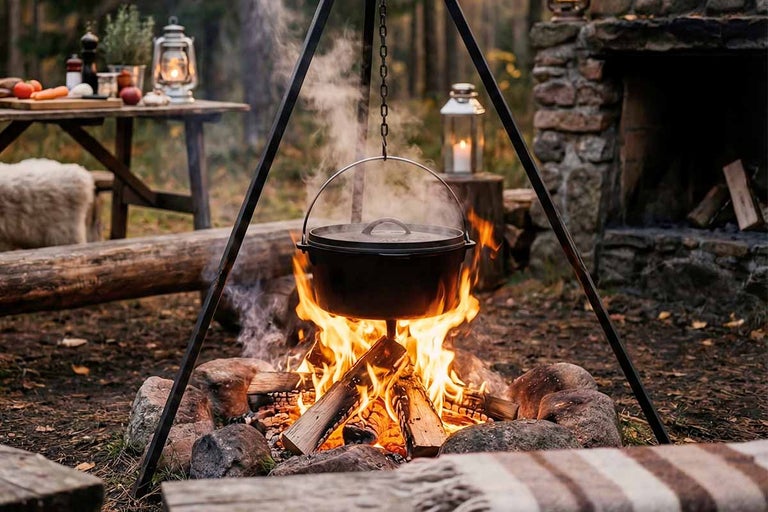 Gietijzeren Dutch oven aan een driepoot boven een brandend kampvuur in een rustieke buitenomgeving met houten tafel en stenen muur.