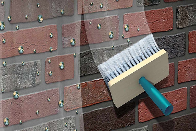 Illustratie van gevelimpregnatie met pareleffect op een stenen muur