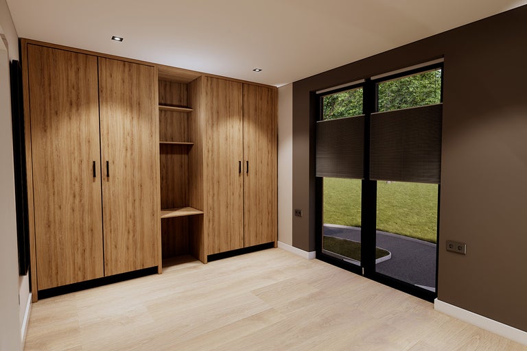 Slaapkamer met kledingkast en plisségordijn voor het raam