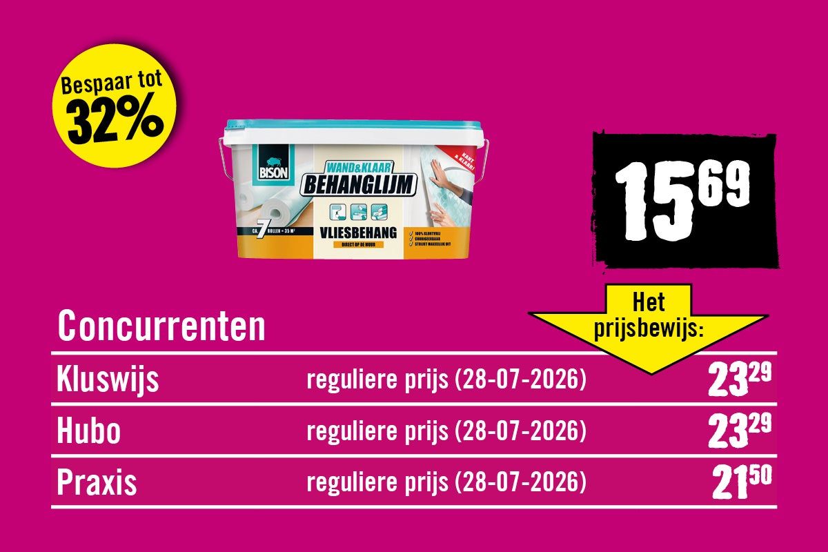 Bison Wand en Klaar vliesbehanglijm in een emmer met prijsvergelijking en besparingsinformatie.