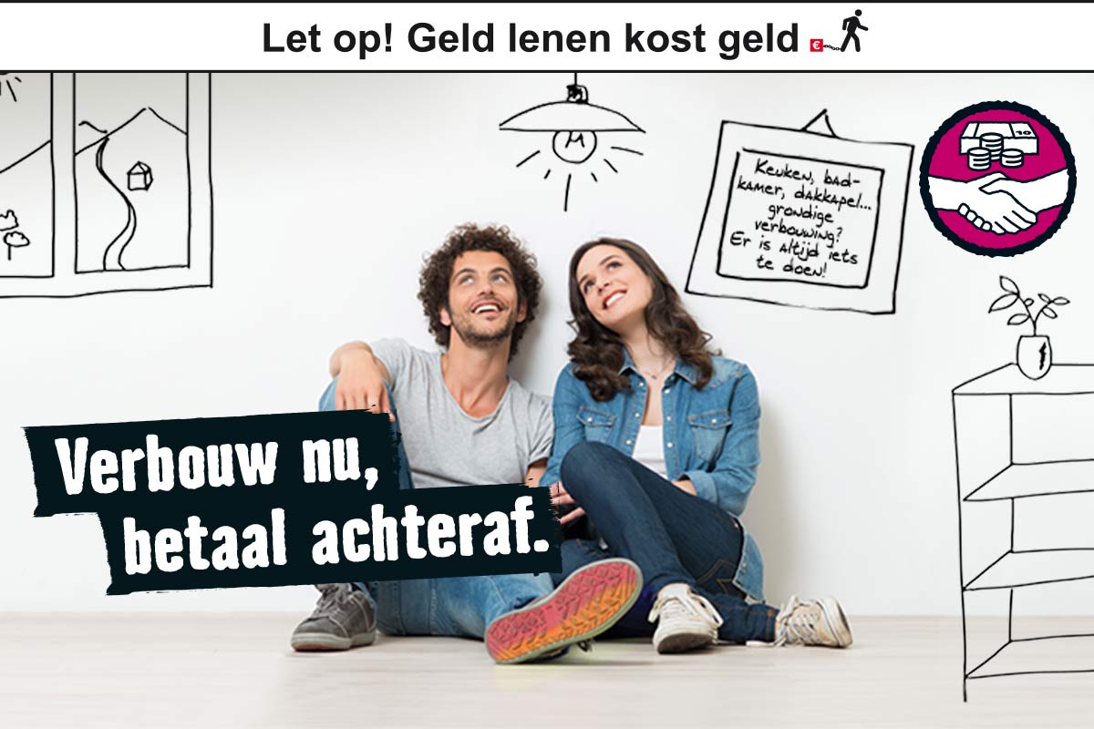 Een stel zit voor een muur met schetsen en de tekst: Nu renoveren, later betalen.