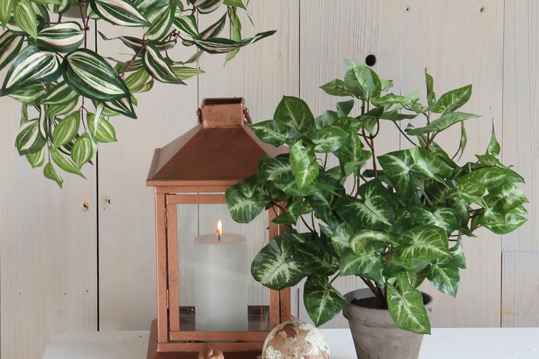 Decoratieve scène met lantaarn, kaars en kunstplanten