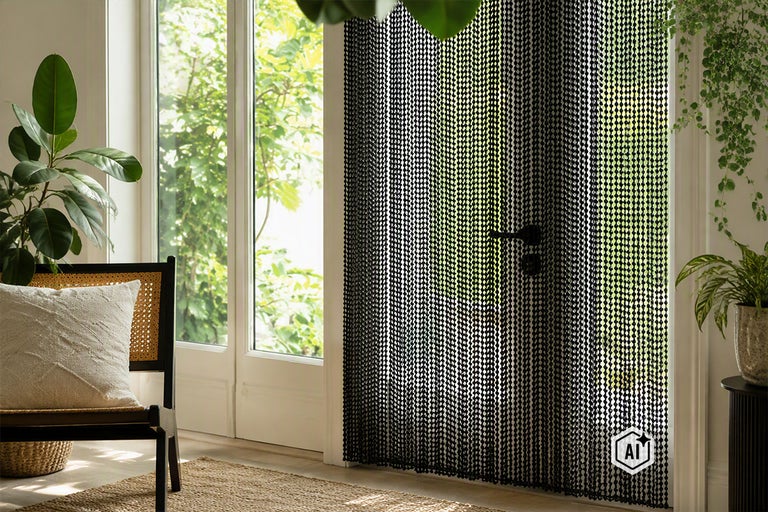 Een kettinggordijn voor een terrasdeur als insectenhor in een modern ingerichte woonkamer met kamerplanten.