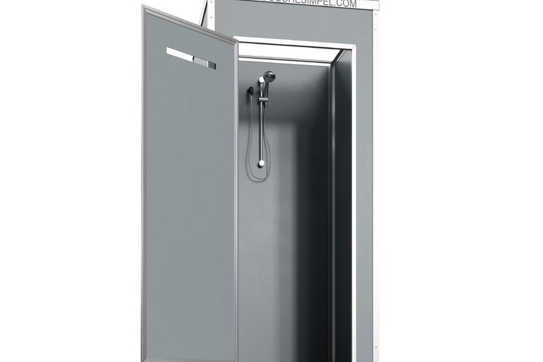 Grijze douchecabine met open deur en douchekop