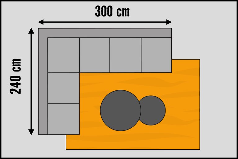 Schets van een hoekbank met afmetingen van 300 bij 240 centimeter