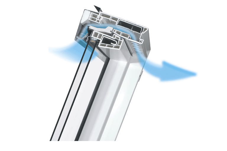 Dwarsdoorsnede van een dakraam met ventilatie