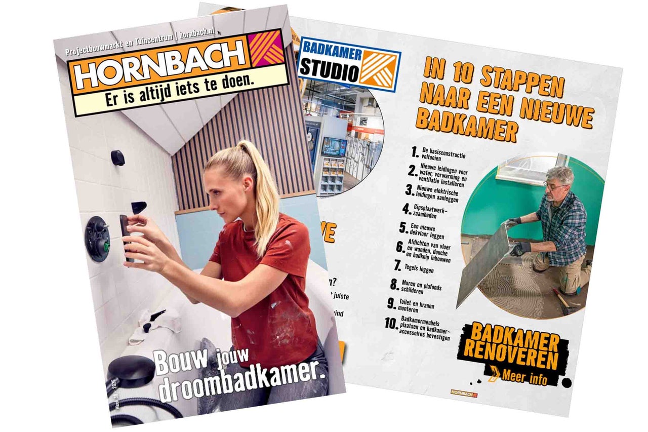 Hornbach informatiebrochure over badkamerrenovatie in tien stappen met praktijkvoorbeelden en tips voor het inrichten van de badkamer.