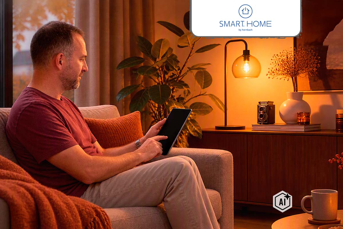 Man zit op de bank en bedient slimme verlichting met een tablet in een gezellige woonkamer.
