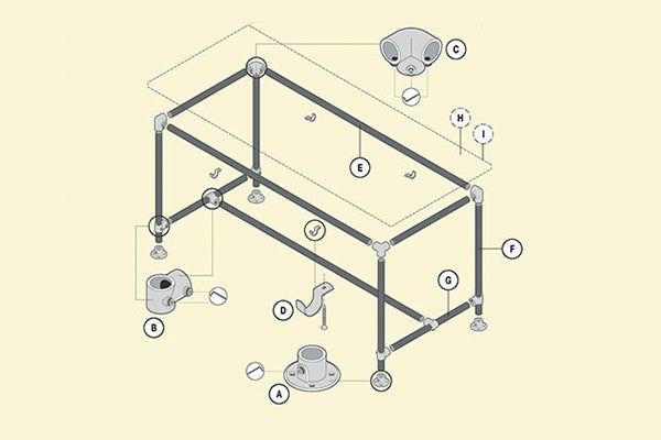 Illustratie van een tafelonderstel met buisconnectoren en accessoires