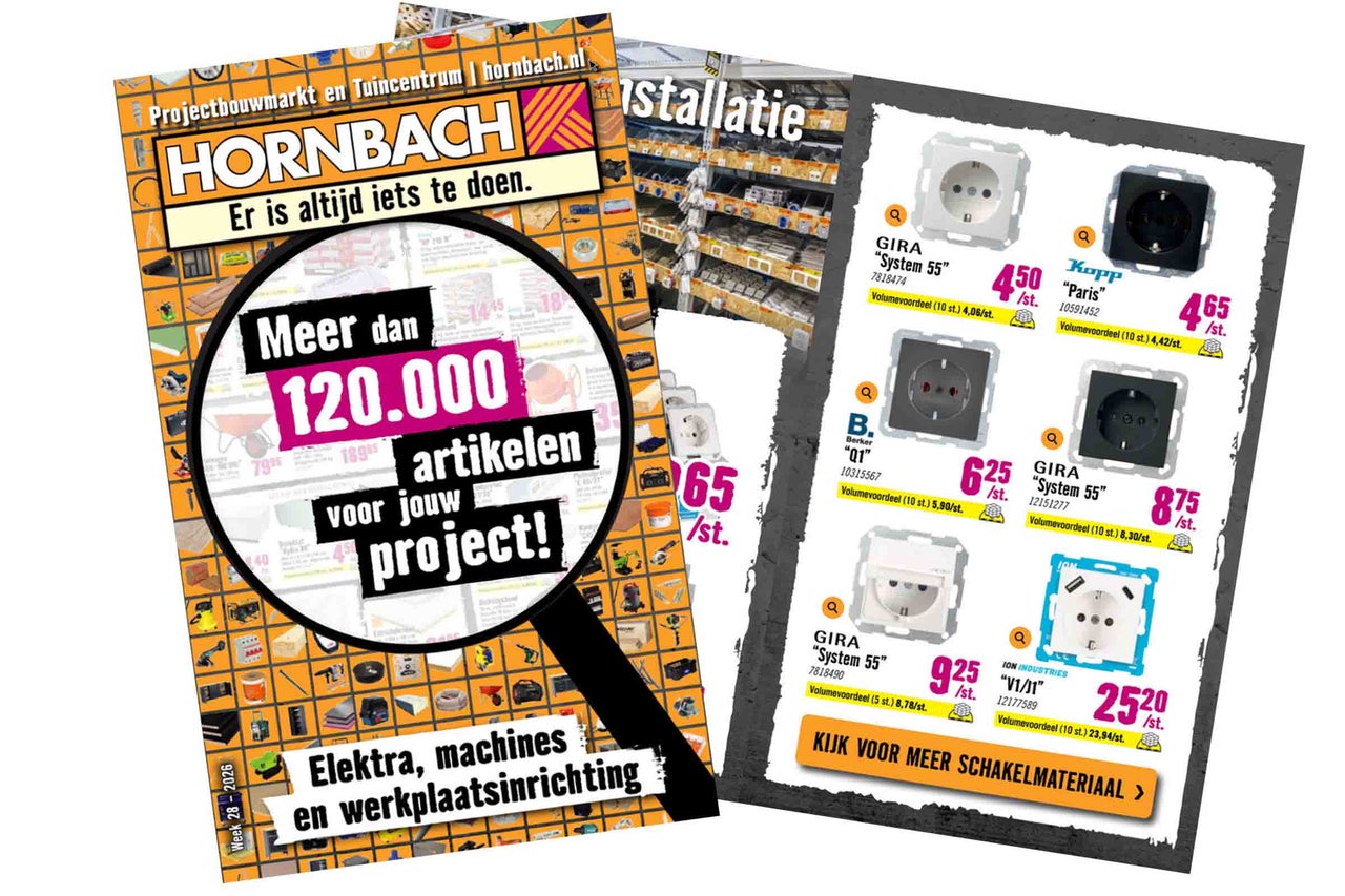 Hornbach Logo. Advertentiepagina voor elektra, machines en werkplaatsinrichting met diverse stopcontacten van GIRA, Kopp en Berker.