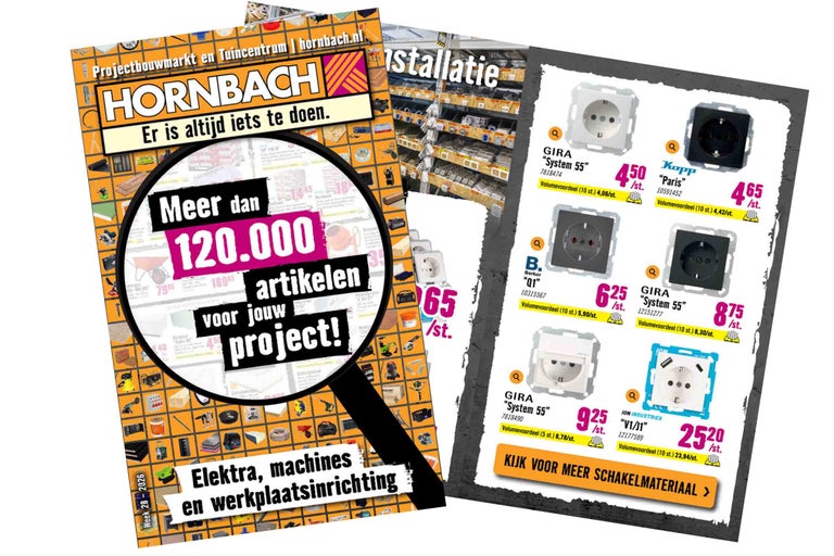 Hornbach Logo. Advertentiepagina voor elektra, machines en werkplaatsinrichting met diverse stopcontacten van GIRA, Kopp en Berker.