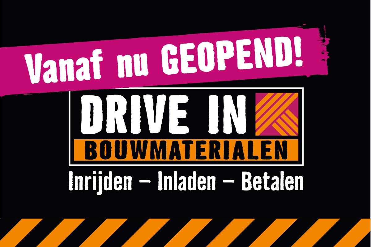Informatiebord voor de Hornbach Drive In met de aankondiging dat deze nu geopend is voor het inladen en betalen van bouwmaterialen.