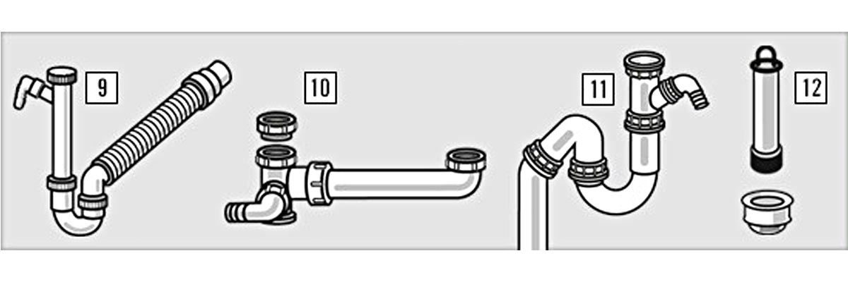 Afbeelding van verschillende sifons en afvoergarnituren voor wastafels.