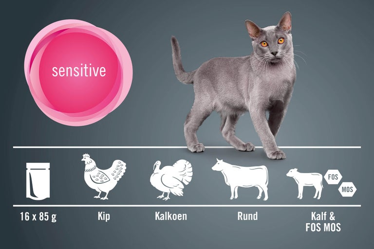 Kattenvoer voor gevoelige katten met gevogelte, rund en kalf in portiezakjes