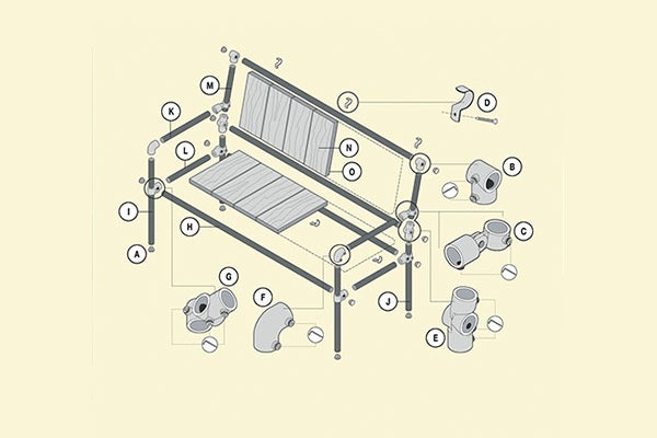 Explosietekening van een tuinbank met genummerde onderdelen
