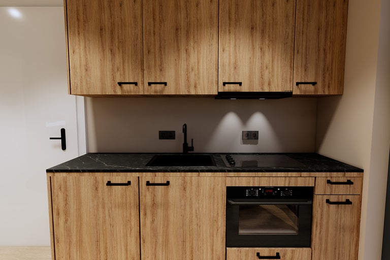 Moderne keuken met houten fronten, wasbak, kookplaat en oven