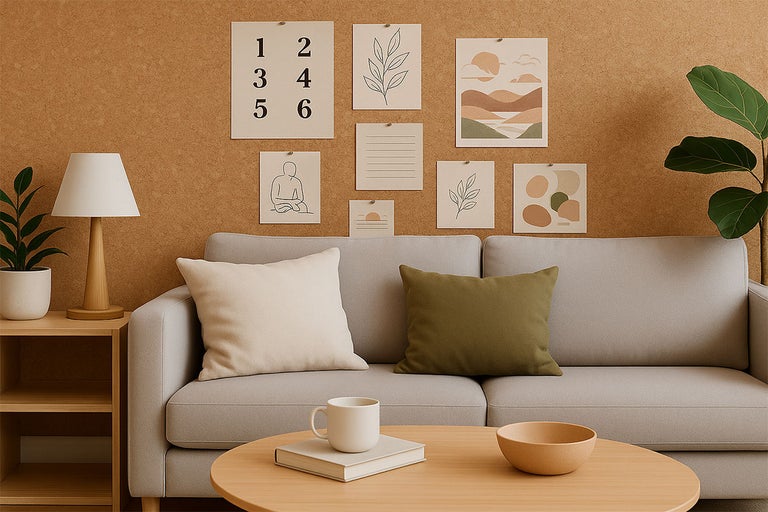 Woonkamer met bank, tafel en wanddecoratie voor een gezellige sfeer