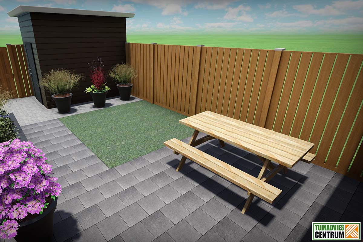 Tuinscene met tuinhuis, houten schutting, picknicktafel en straatstenen