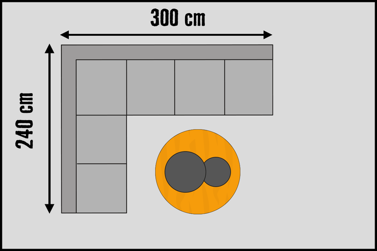 Illustratie van een hoekbank met de afmetingen 300 bij 240 centimeter