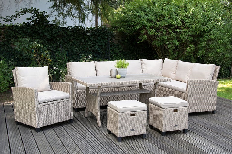 Tuinmeubelset met tafel, stoel, hoekbank en krukken voor buiten