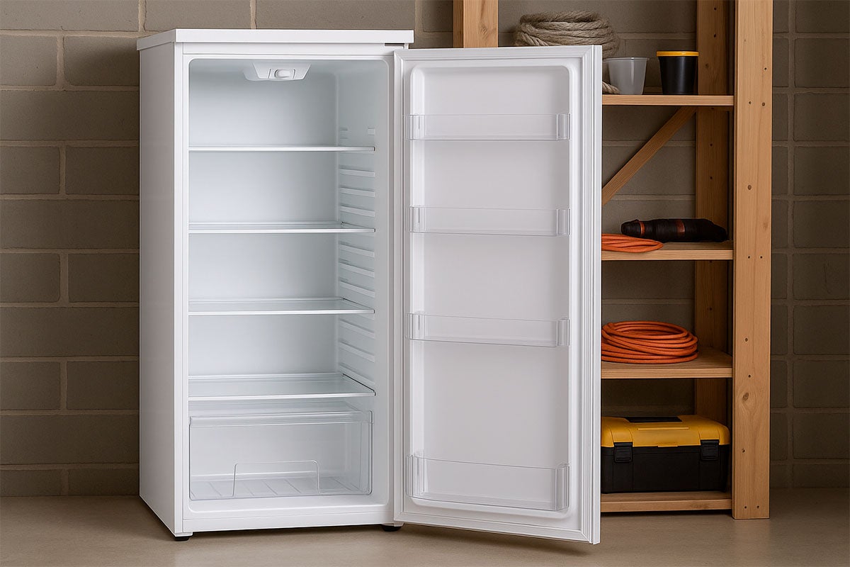 Vrijstaande vriezer met open deur, interieur met planken en laden