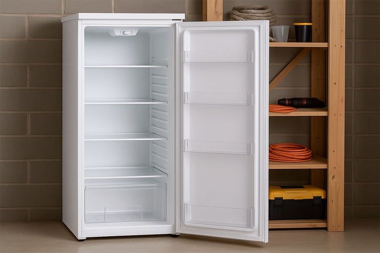 Vrijstaande vriezer met open deur, interieur met planken en laden