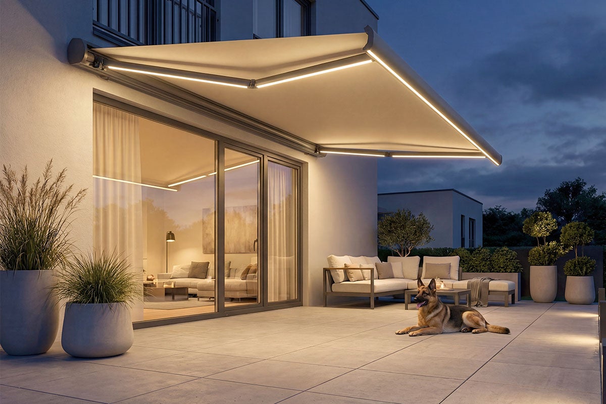 Knikarmscherm met ledverlichting boven een modern terras met loungeset, grote glazen puien en een hond tijdens de schemering.