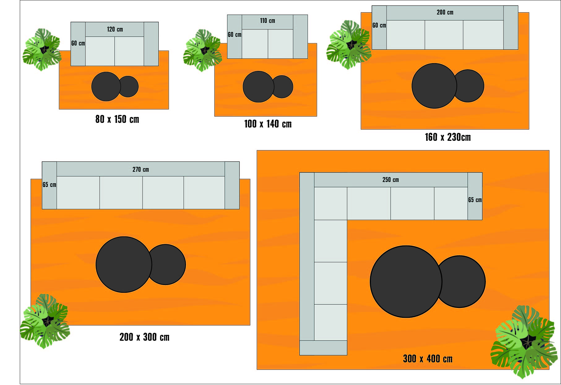 Verschillende maten terras tapijten met bank en tafel