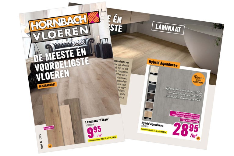 Hornbach vloeren aanbiedingsfolder met laminaat eiken en hybride Aquadura+