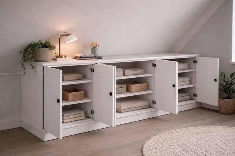 Witte kast met vakken gevuld met textiel en manden, geplaatst onder een schuin dak.