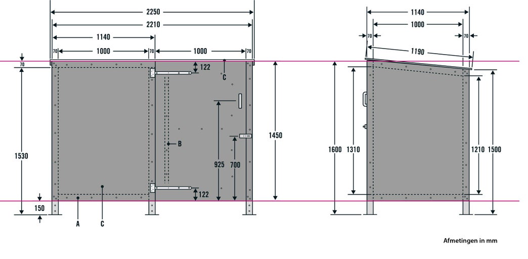 Technische tekening van een gereedschapskist met afmetingen in millimeters