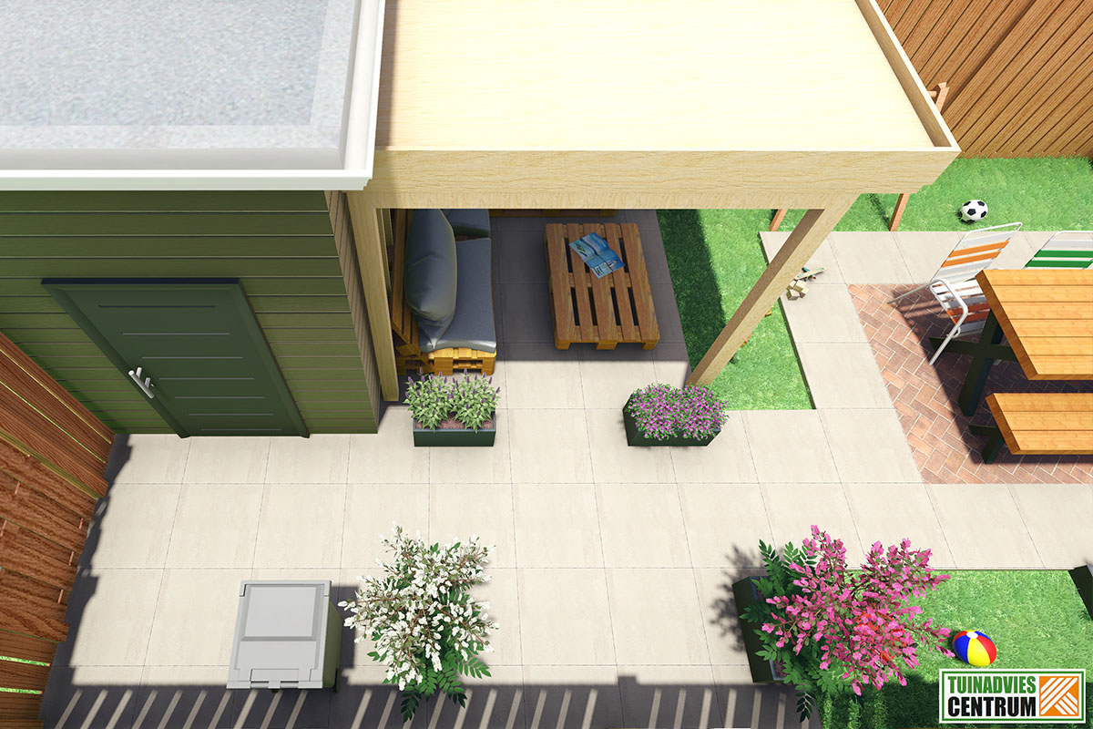 Bovenaanzicht van een tuinscène met tuinhuis, overdekte zithoek, terras en beplanting