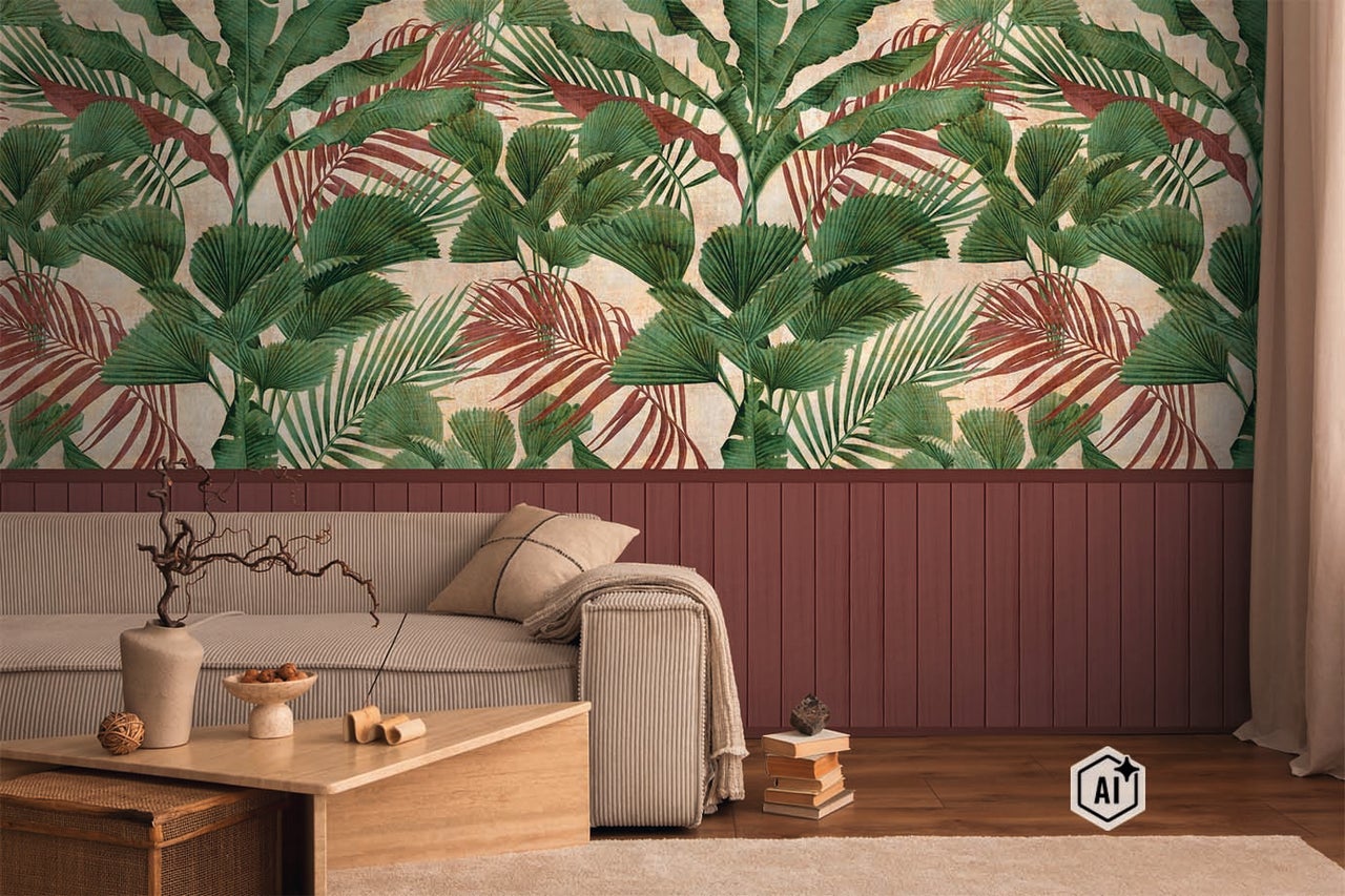 Woonkamer met vliesbehang met tropisch palmbladpatroon gecombineerd met donker wandpaneel en beige bank