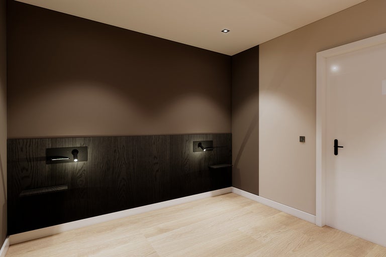 Interieurbeeld met houten vloer, houten wandpanelen, wandlampen en witte deur