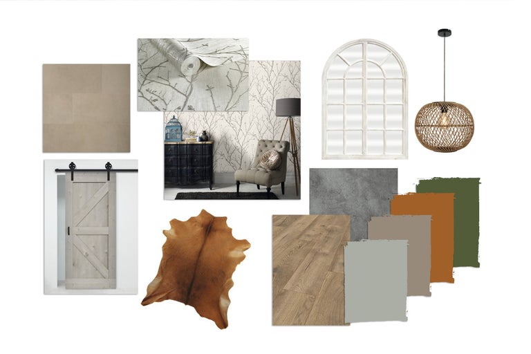 Samengestelde moodboardcollage met vloerbedekking, muurverf, meubels en woonaccessoires
