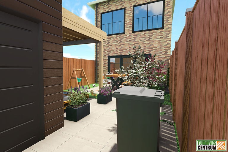 Illustratie van een tuin met terras, tuinhuis en plantenbakken