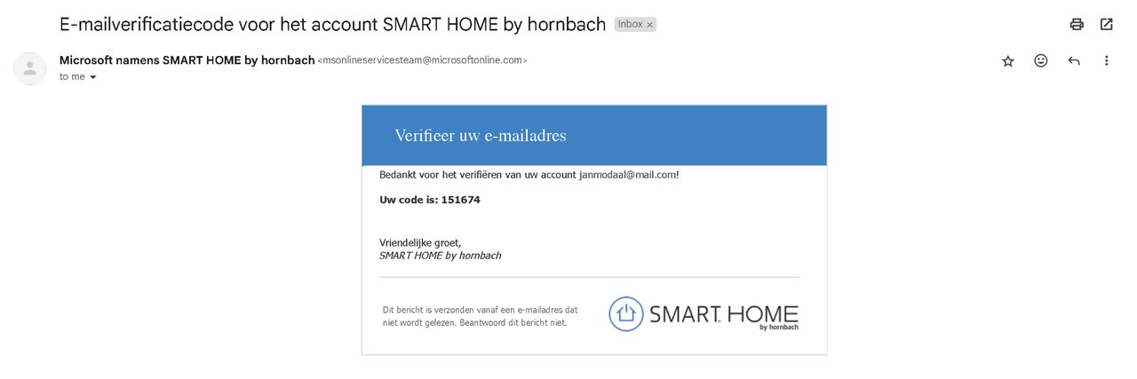 E-mail met verificatiecode voor SMART HOME by Hornbach.