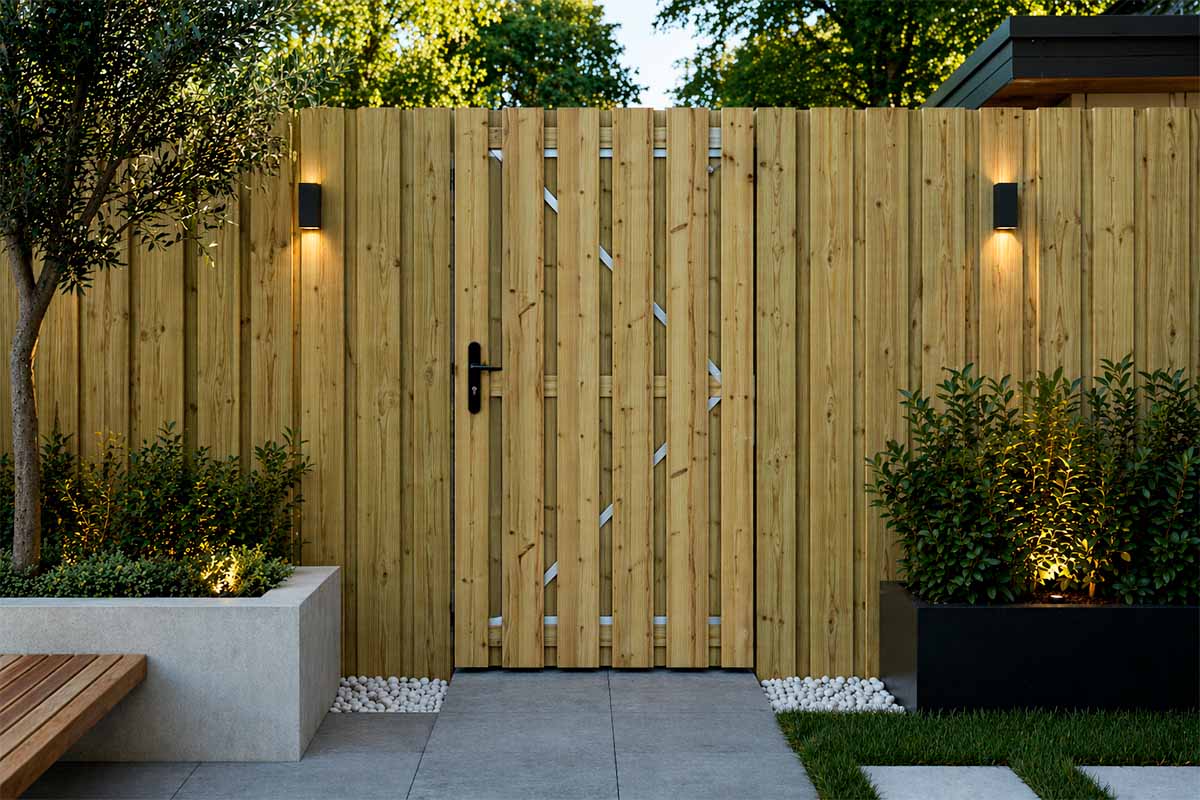 Moderne tuin met verticale houten schutting en poort. Twee zwarte buitenwandlampen verlichten de schutting, plantenbakken en stenen tegels.