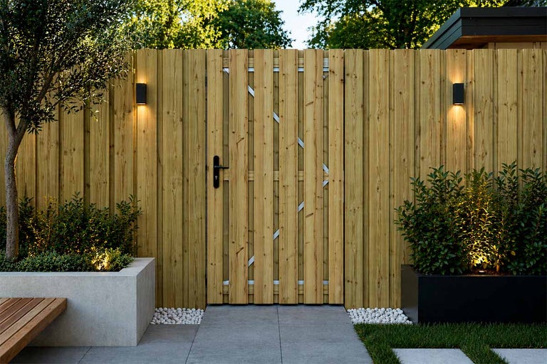Moderne tuin met verticale houten schutting en poort. Twee zwarte buitenwandlampen verlichten de schutting, plantenbakken en stenen tegels.