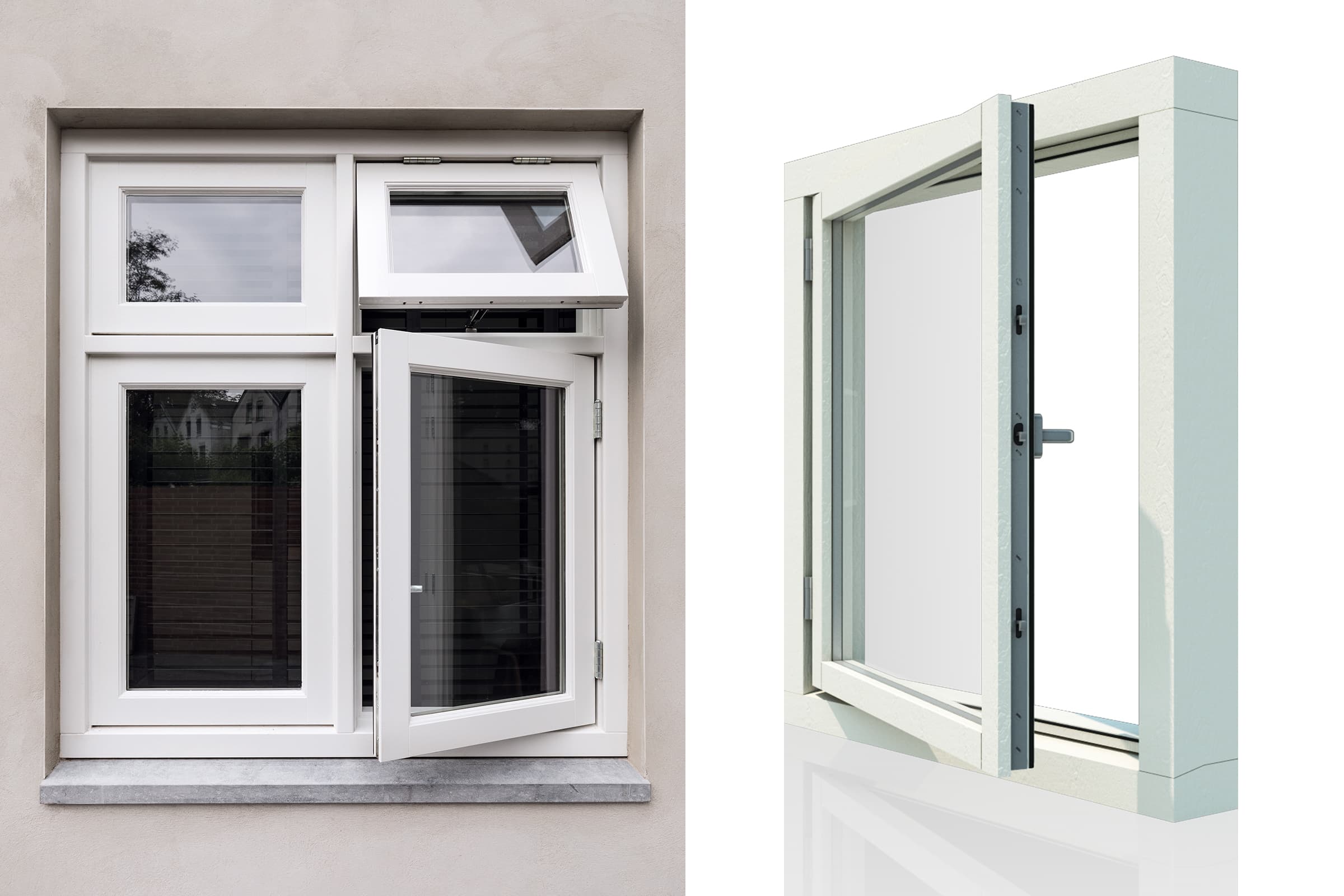 Geopend draai-kiepraam met meervoudige beglazing in wit frame