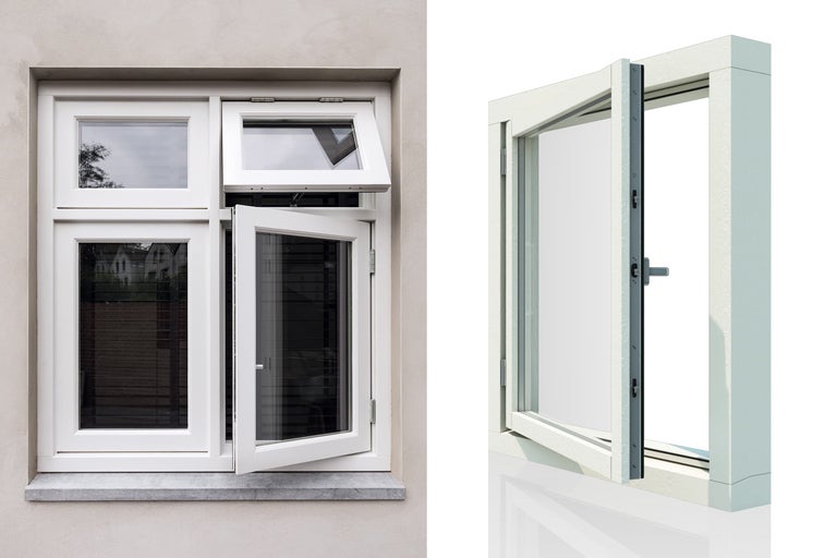 Geopend draai-kiepraam met meervoudige beglazing in wit frame