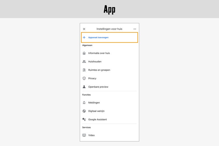 App-weergave met instellingen voor het huis en de optie om een apparaat toe te voegen